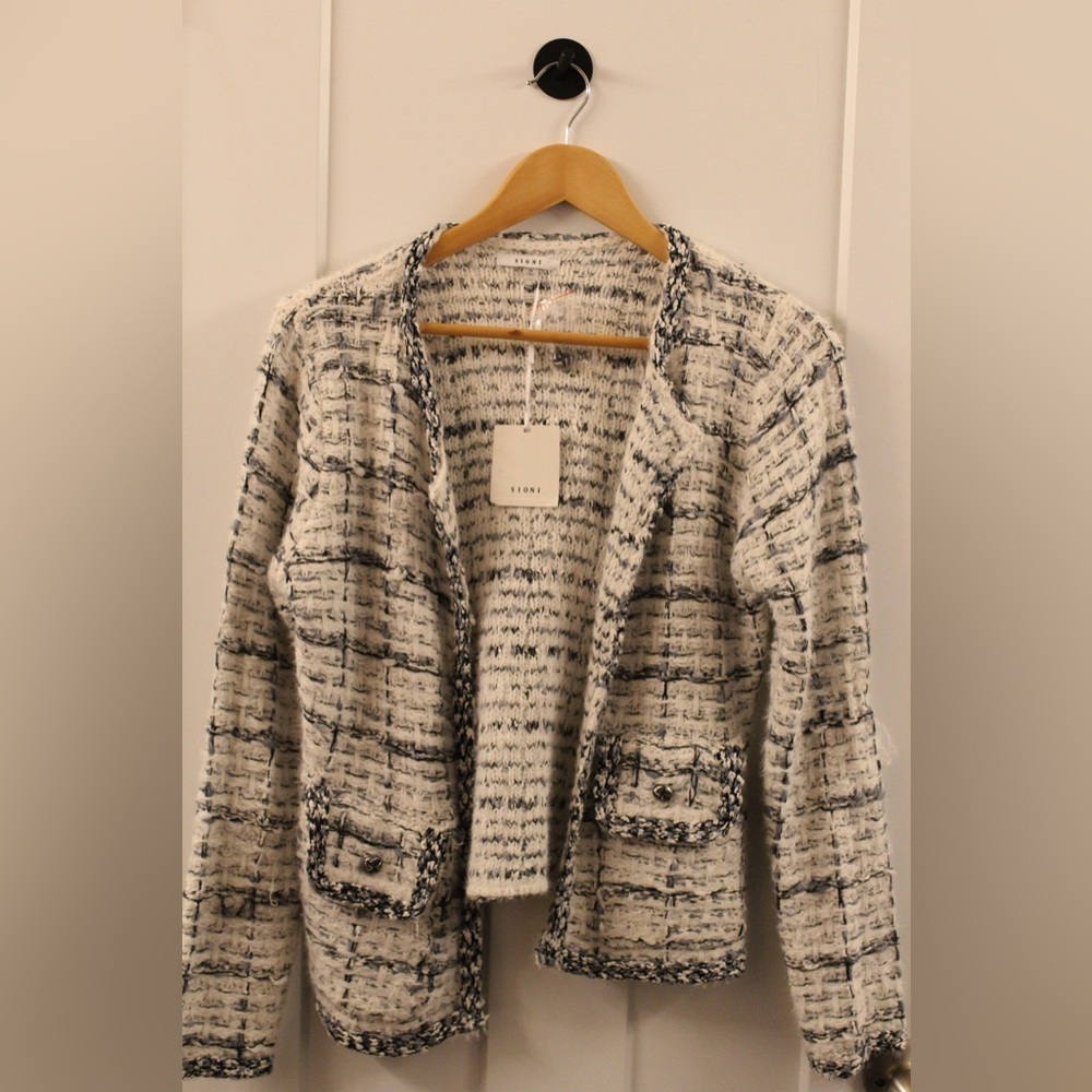 NWT SIONI Tweed Style Open Front Wool Blend Jacket SZ S